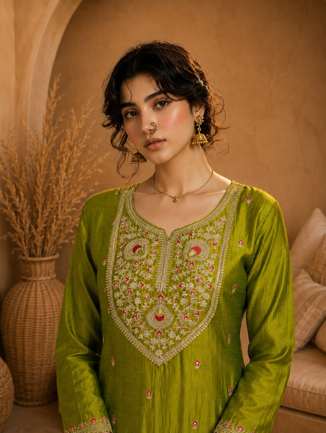 Green Heritage Zari Yoke Silk Kurta