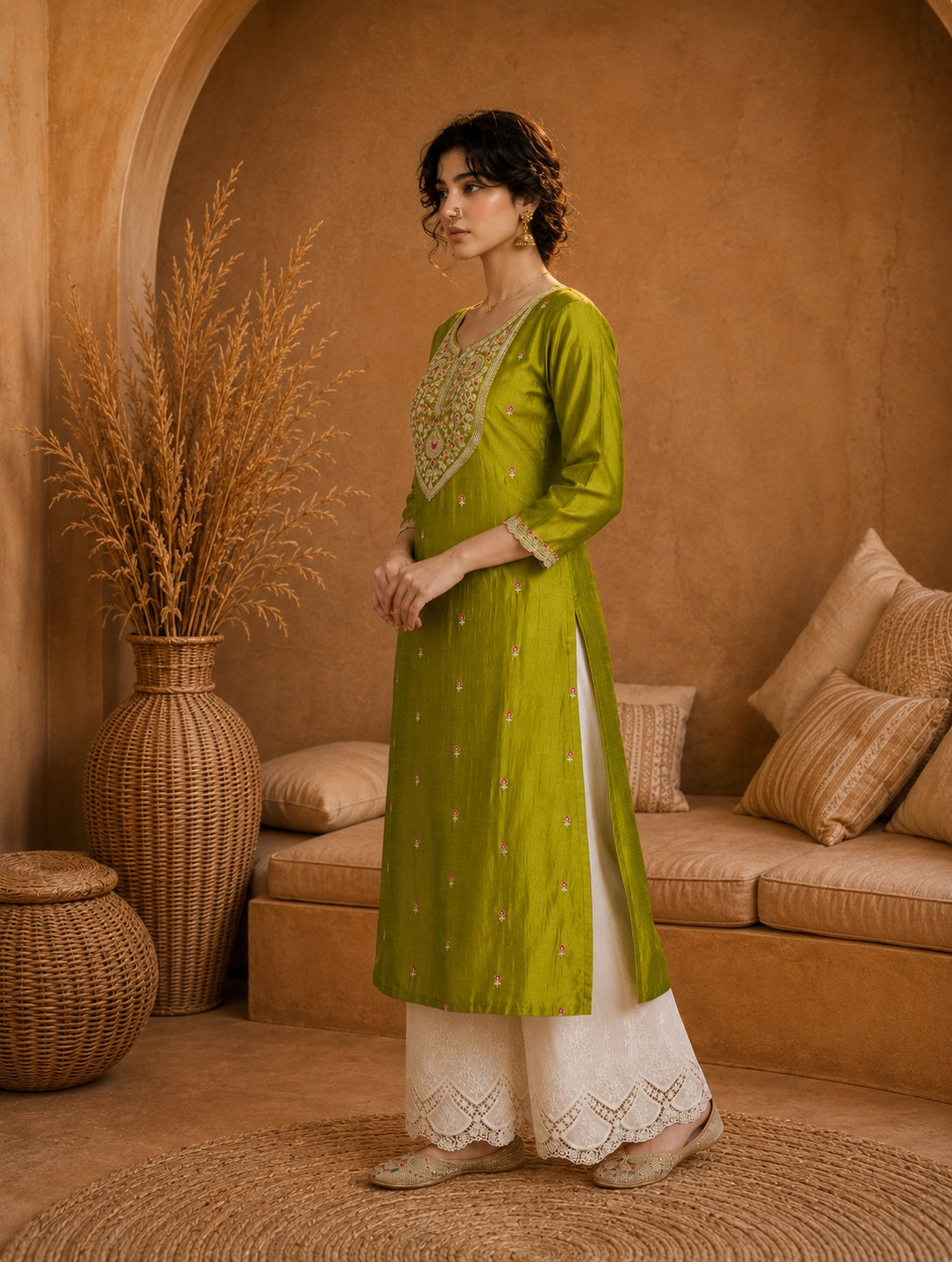 Green Heritage Zari Yoke Silk Kurta