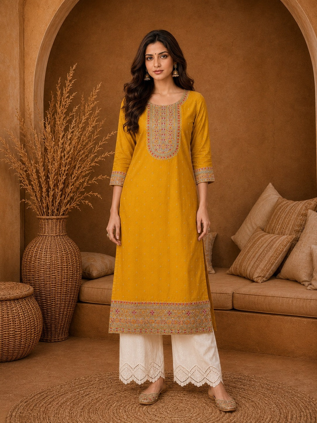 yellow-Beam-Premium-Embroidery Kurta