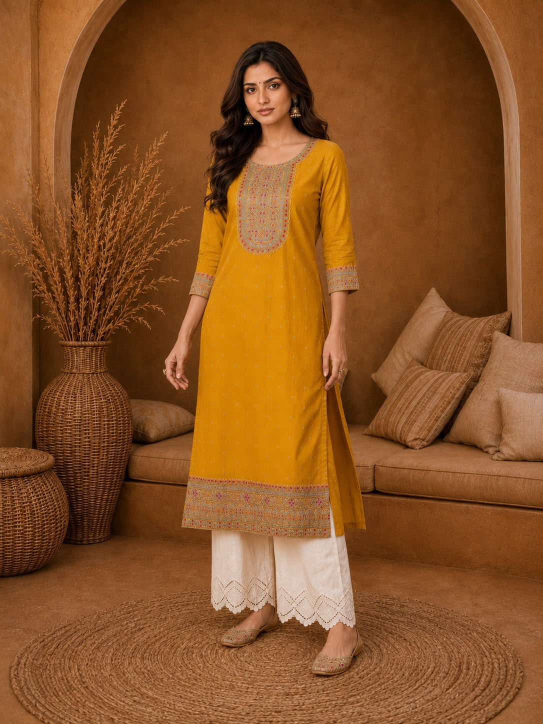 yellow-Beam-Premium-Embroidery Kurta