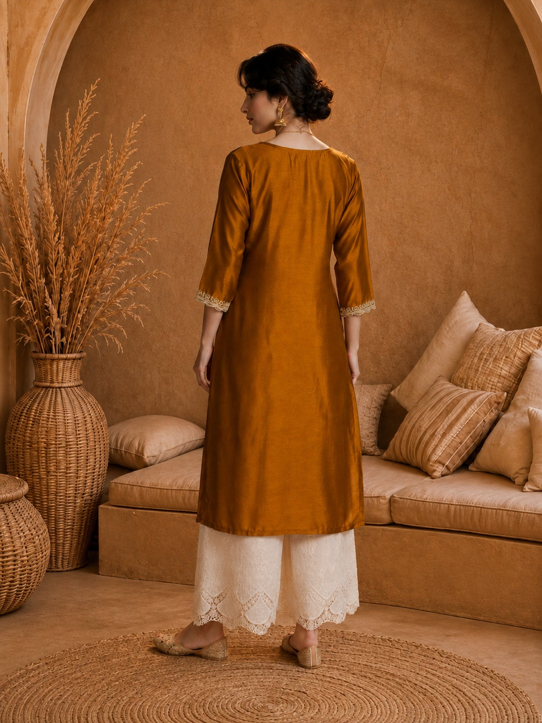 Mustard Heritage Zari Yoke Silk Kurta