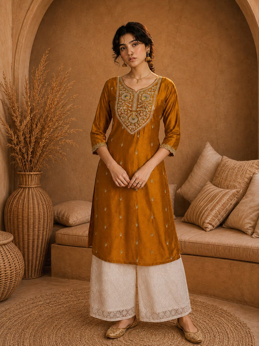 Mustard Heritage Zari Yoke Silk Kurta