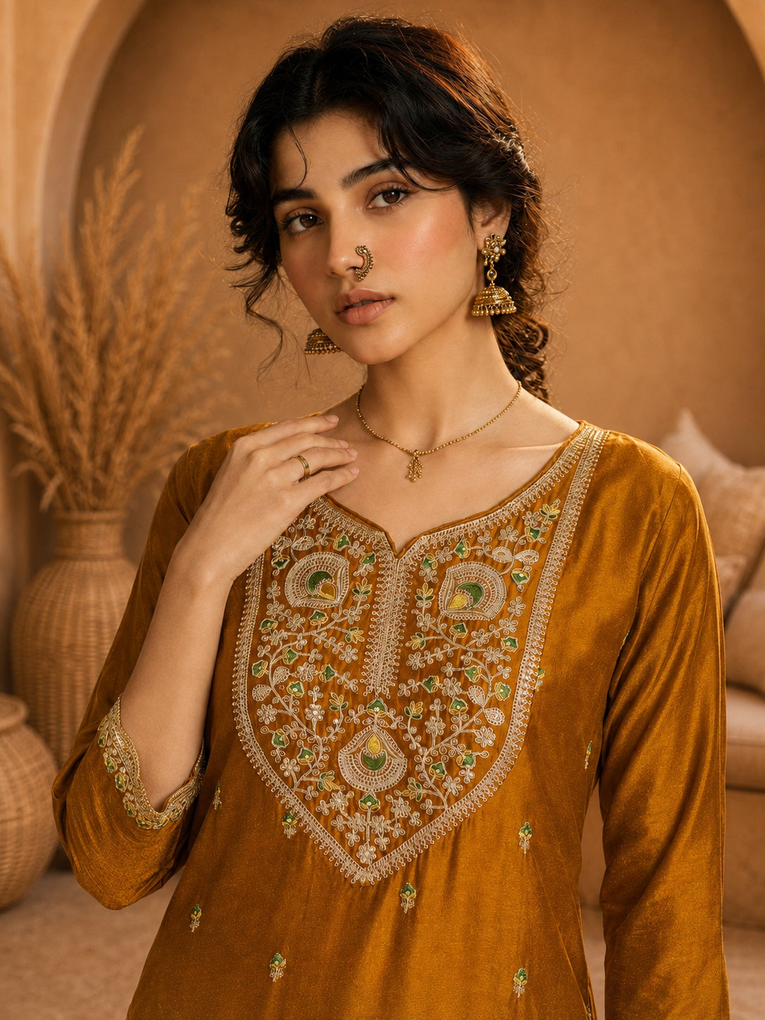 Mustard Heritage Zari Yoke Silk Kurta