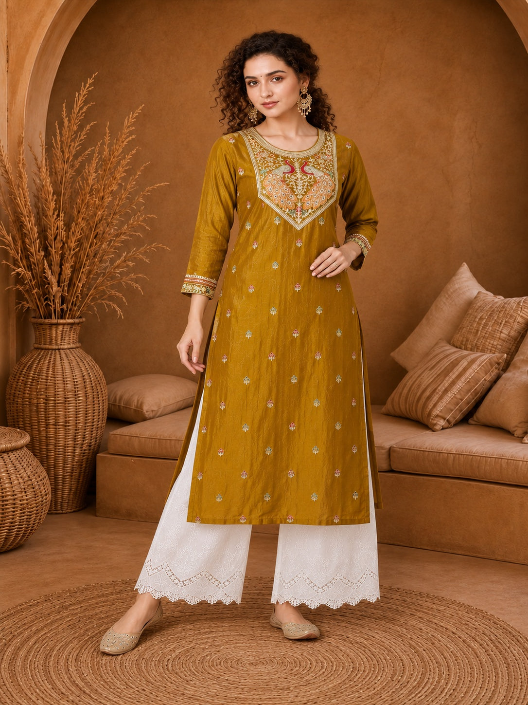 Mustard Twin Peacock Zari Embroidered Silk Kurta
