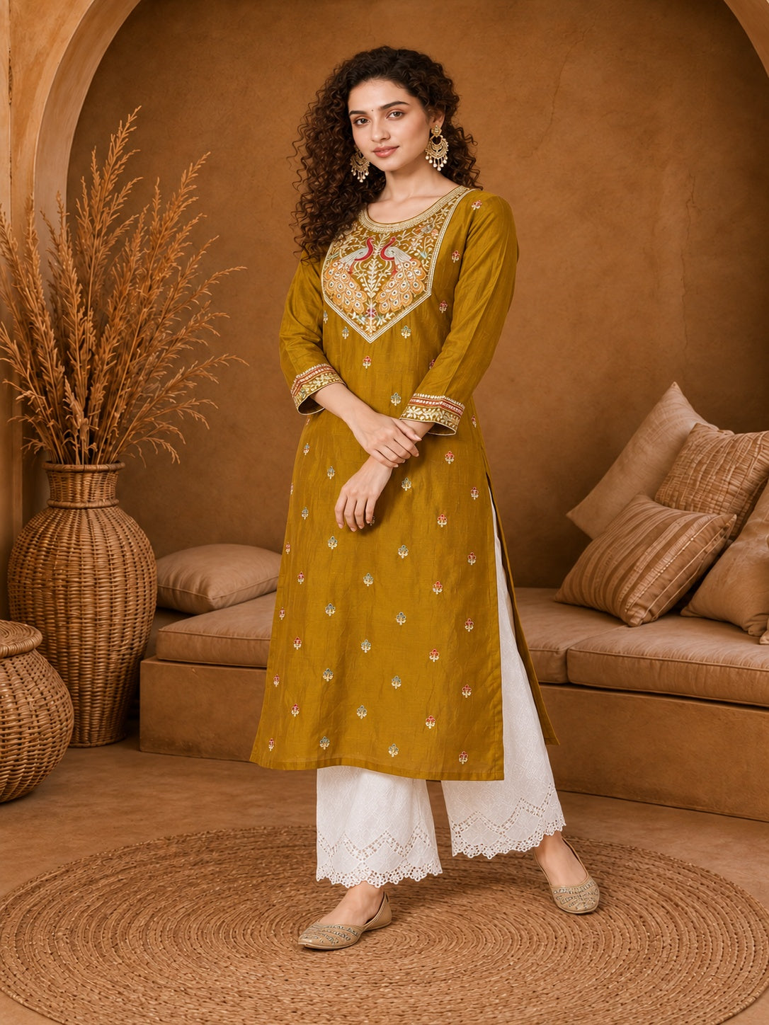 Mustard Twin Peacock Zari Embroidered Silk Kurta