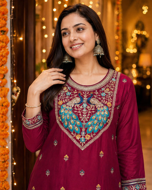 Maroon Peacock-Motif Embroidered Vichitra Silk Kurta