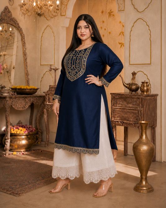 Blue Big-Button Full-Sleeve Vichitra Silk Kurta
