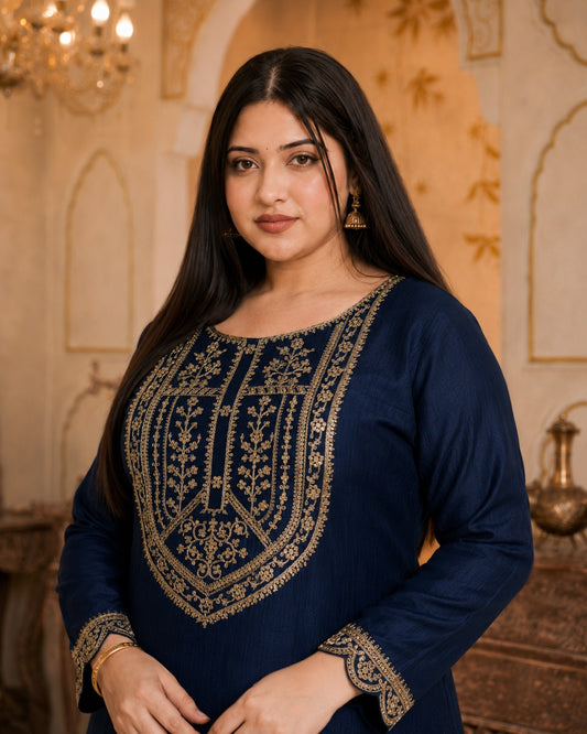 Blue Big-Button Full-Sleeve Vichitra Silk Kurta