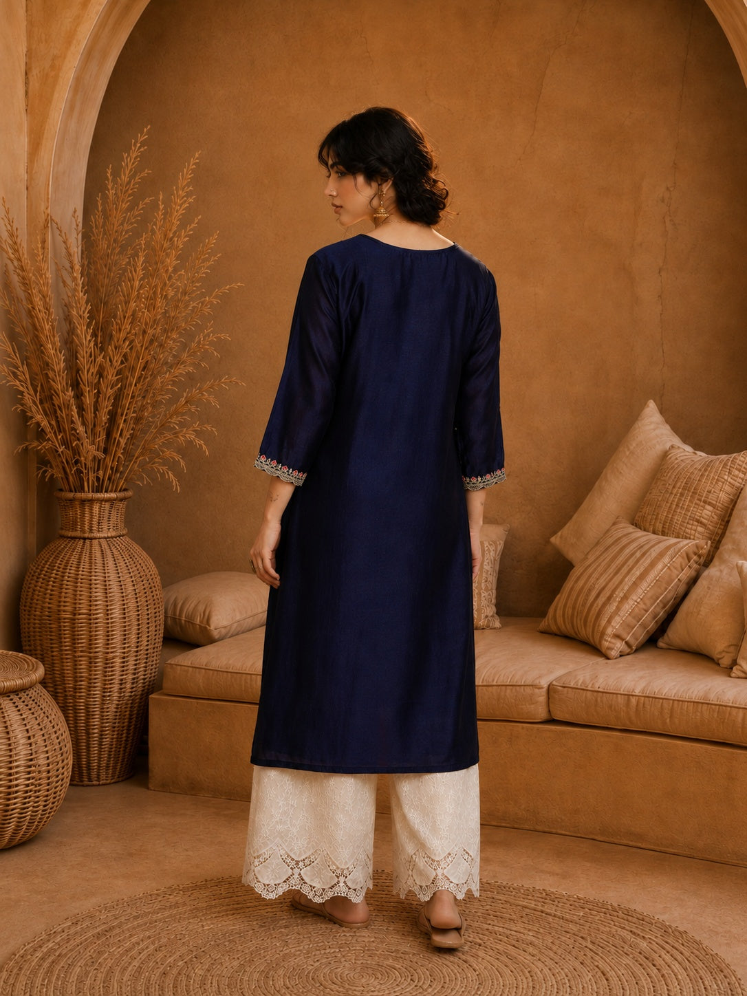 Blue Heritage Zari Yoke Silk Kurta