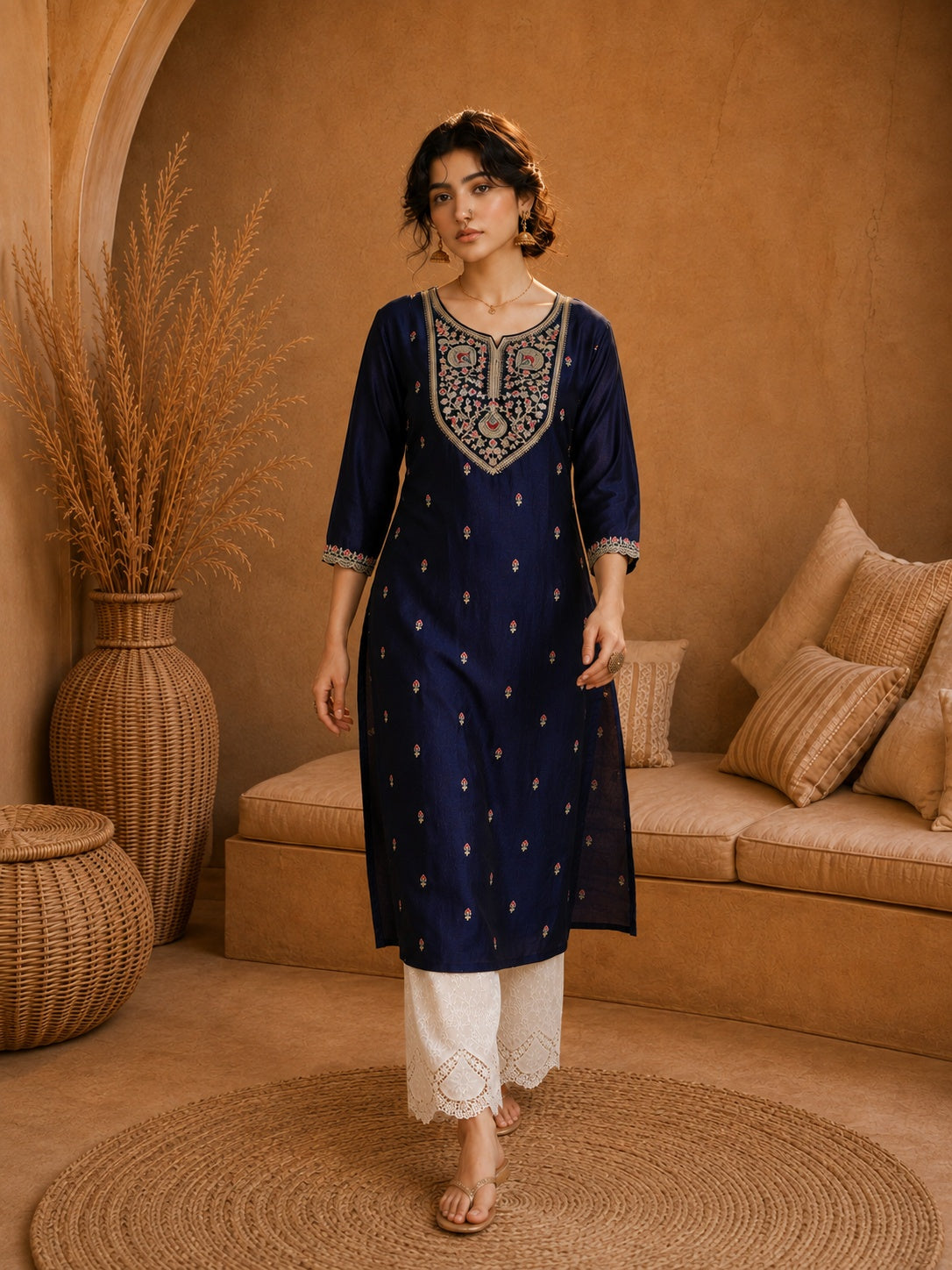 Blue Heritage Zari Yoke Silk Kurta