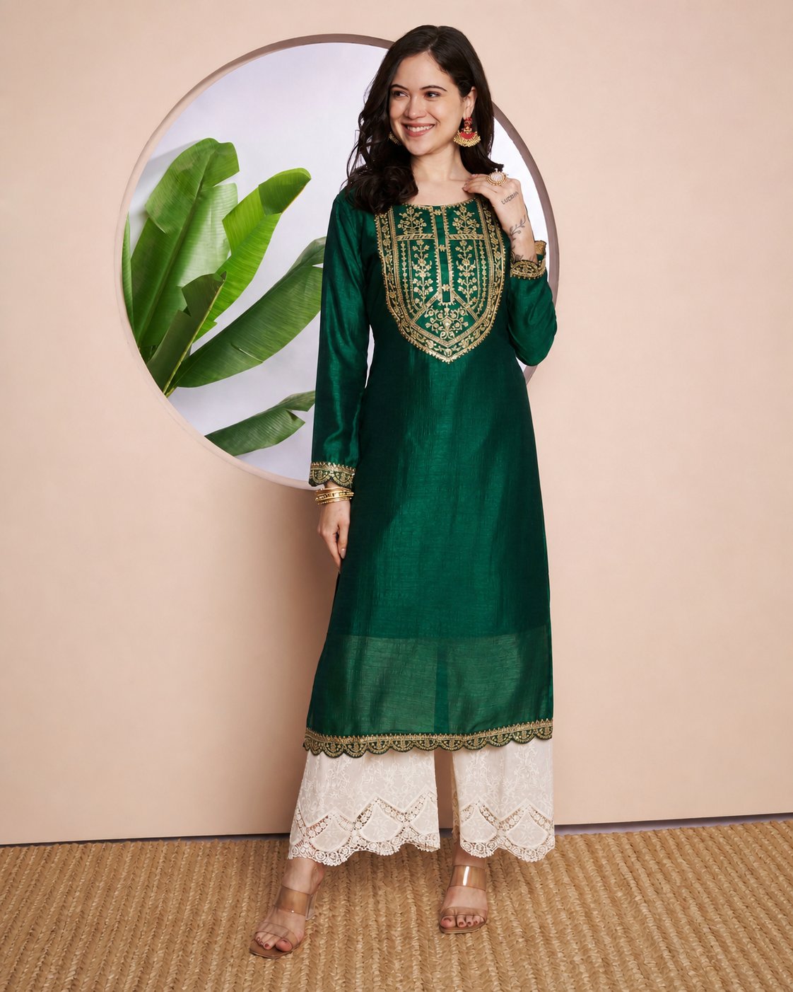Button-Yoke Full-Sleeve Vichitra Silk Kurta
