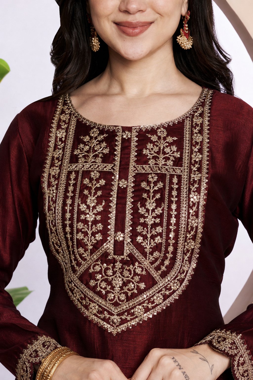 Button-Yoke Full-Sleeve Vichitra Silk Kurta