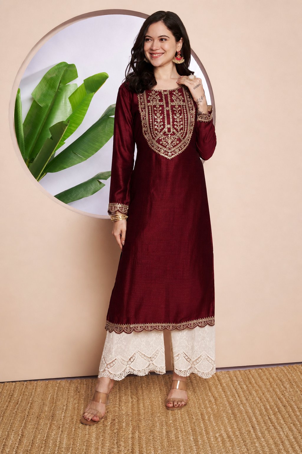 Button-Yoke Full-Sleeve Vichitra Silk Kurta