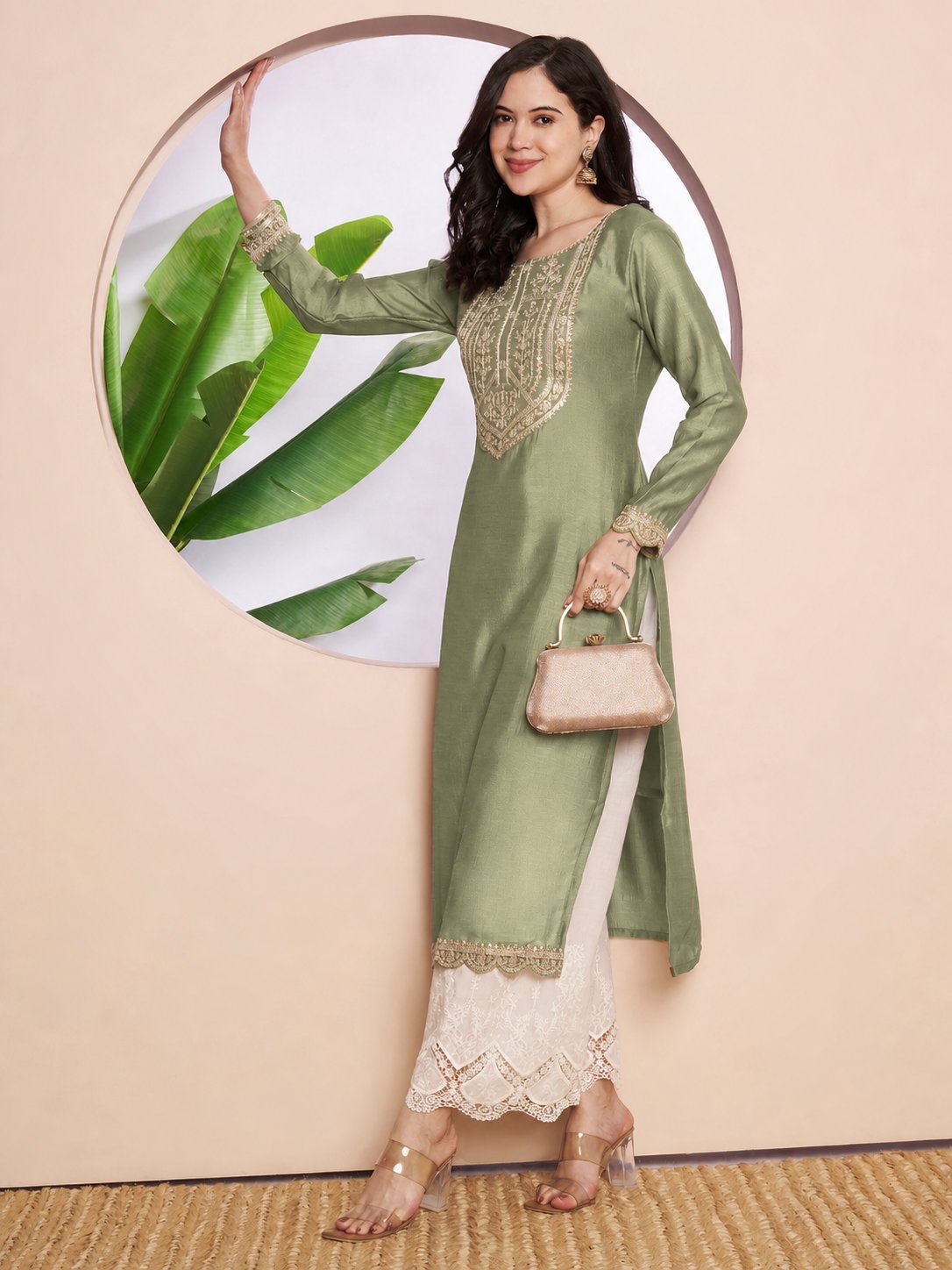 Button-Yoke Full-Sleeve Vichitra Silk Kurta