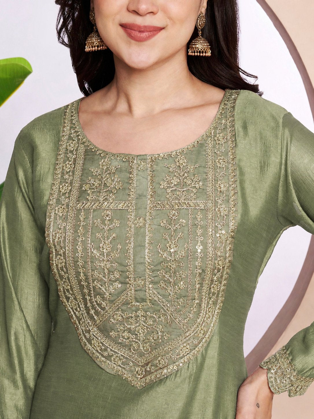 Button-Yoke Full-Sleeve Vichitra Silk Kurta