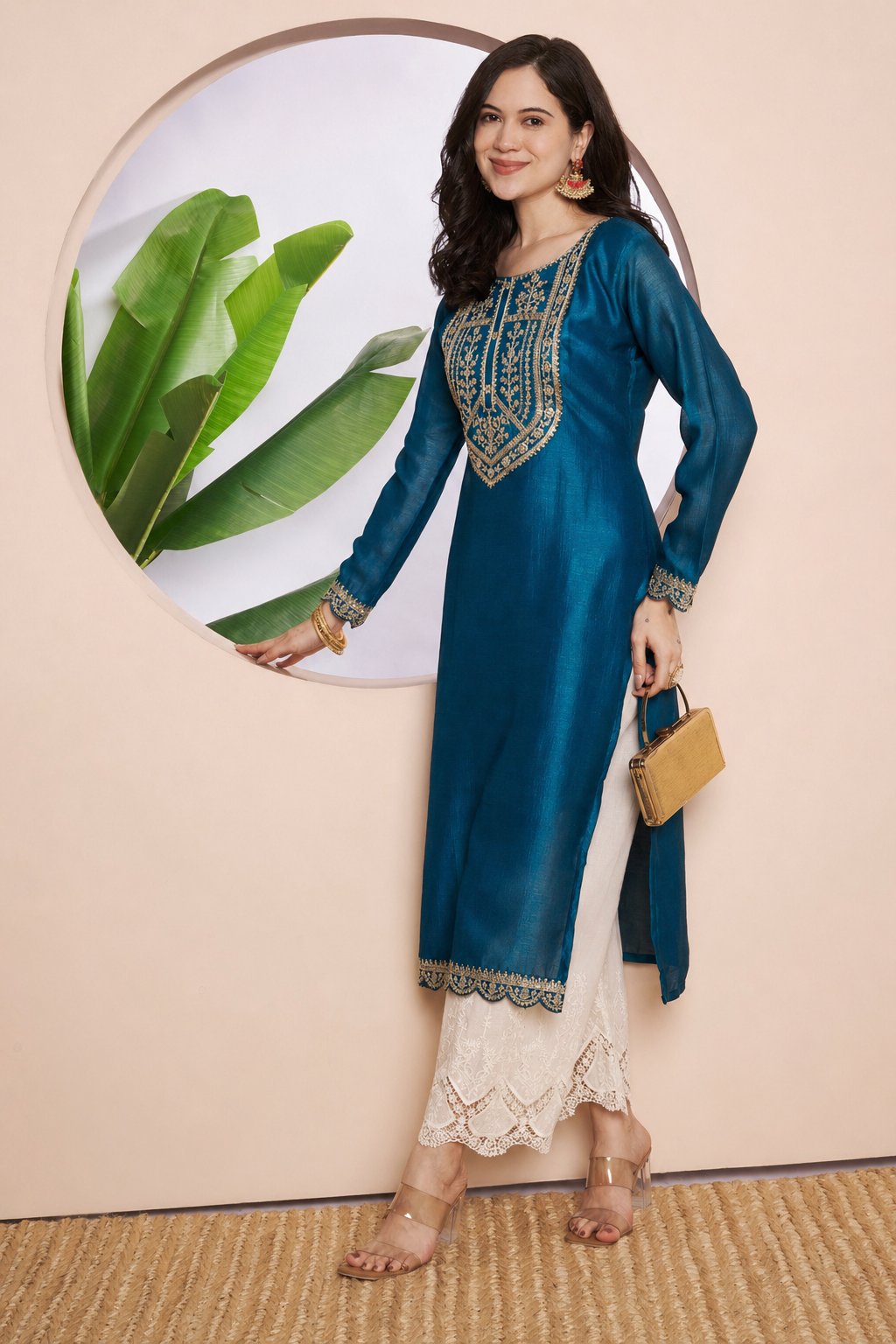 Button-Yoke Full-Sleeve Vichitra Silk Kurta