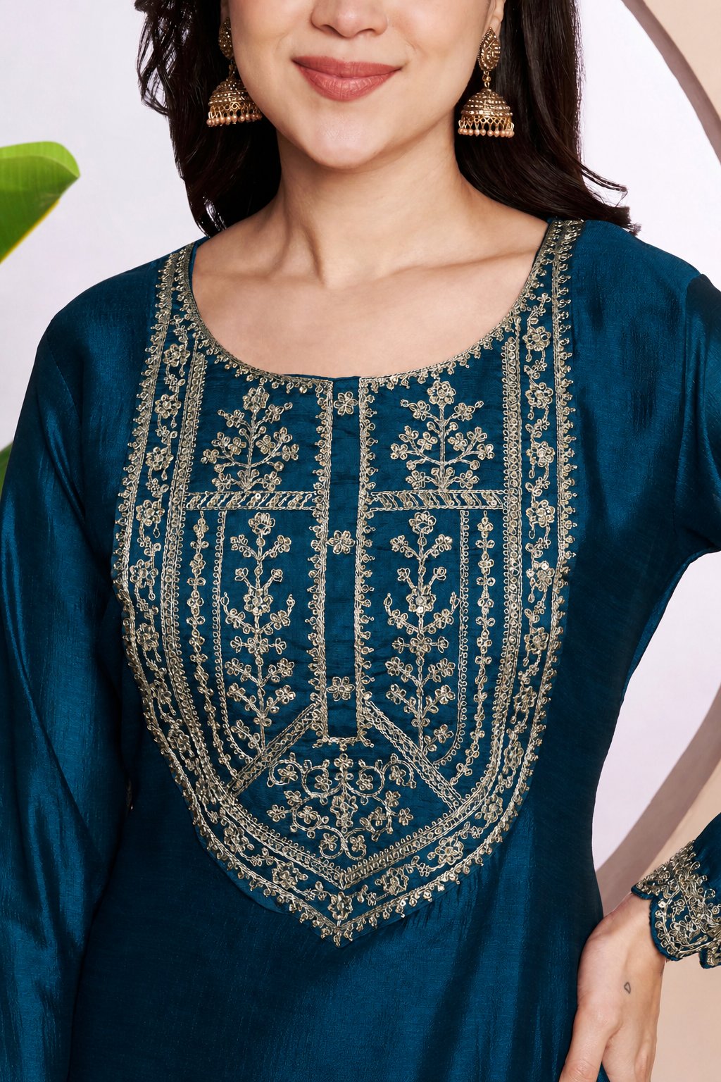 Button-Yoke Full-Sleeve Vichitra Silk Kurta
