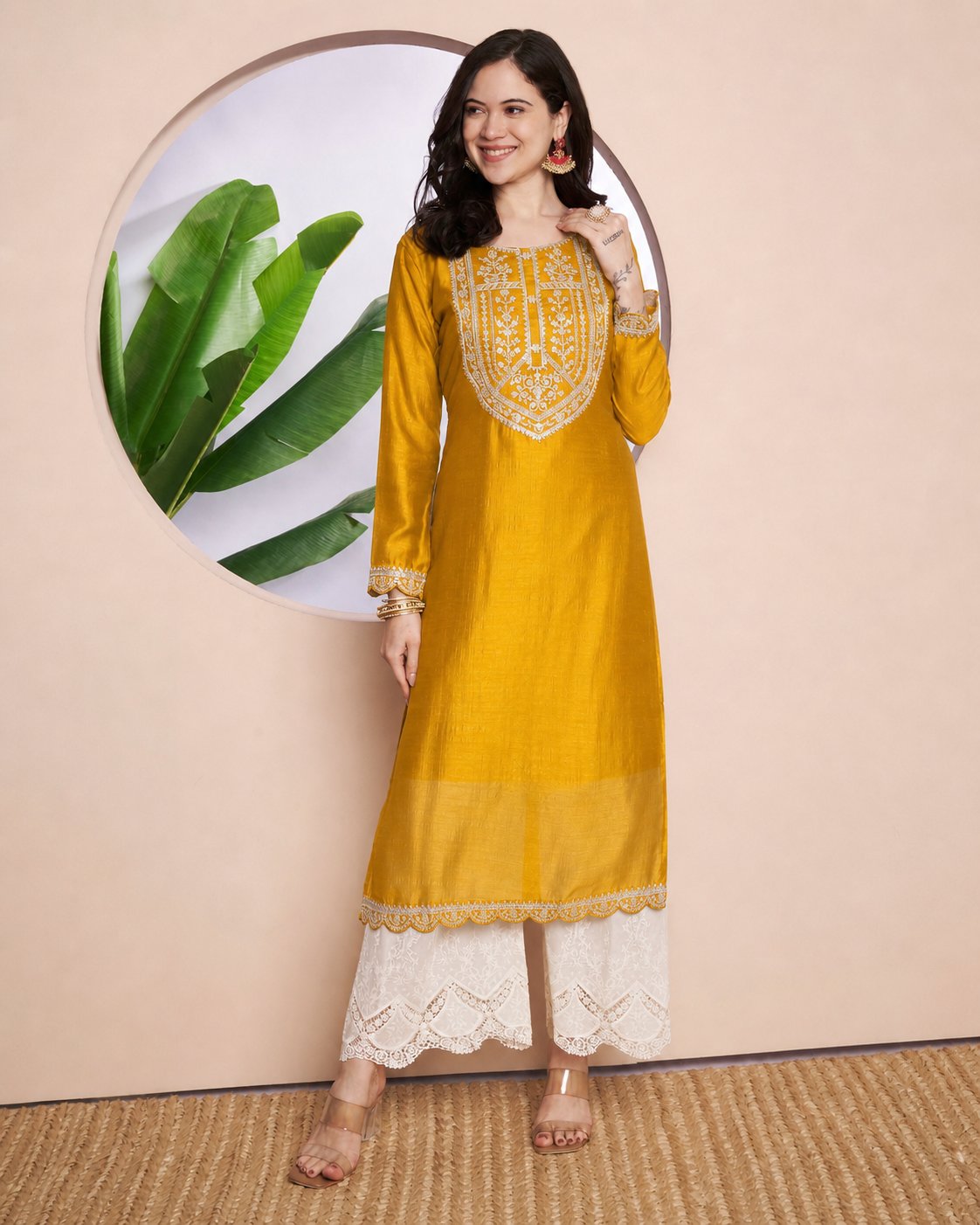 Button-Yoke Full-Sleeve Vichitra Silk Kurta