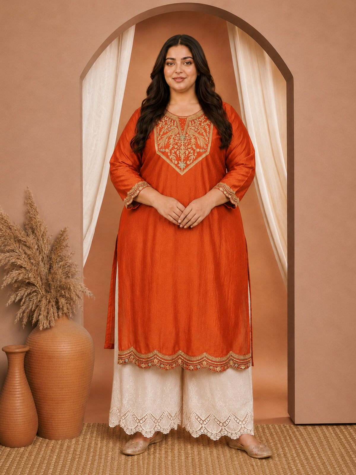 Rust Peacock Embroidered Vichitra Silk Kurta