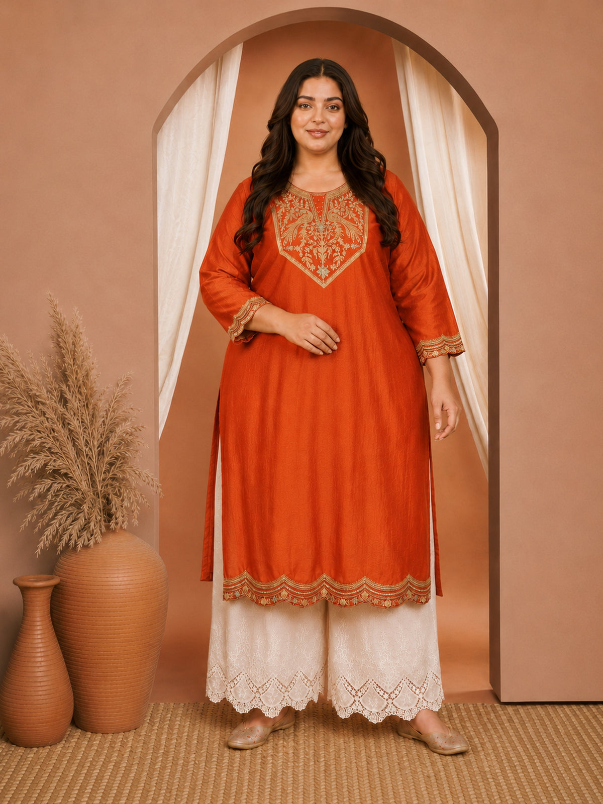 Rust Peacock Embroidered Vichitra Silk Kurta