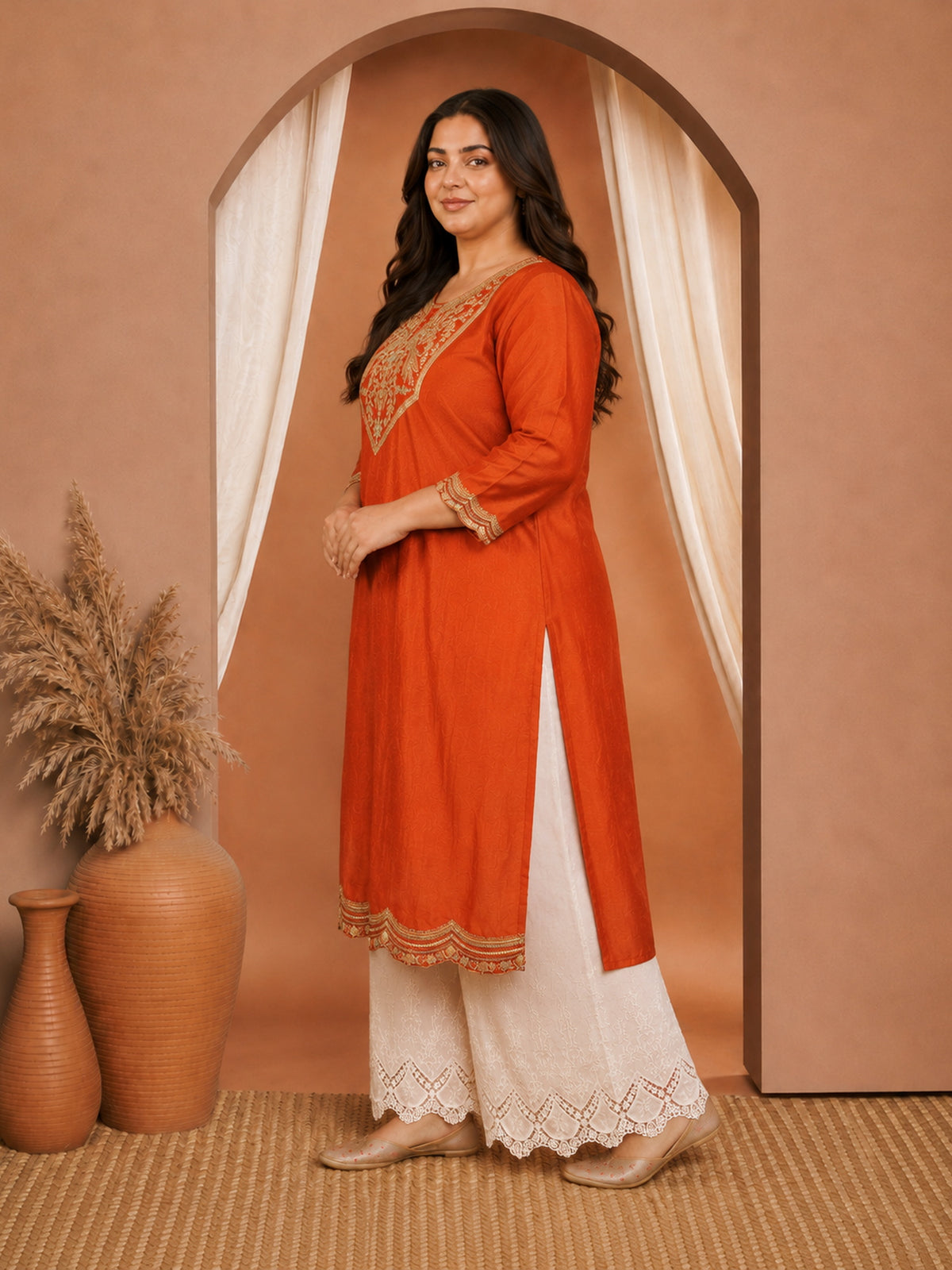 Rust Peacock Embroidered Vichitra Silk Kurta