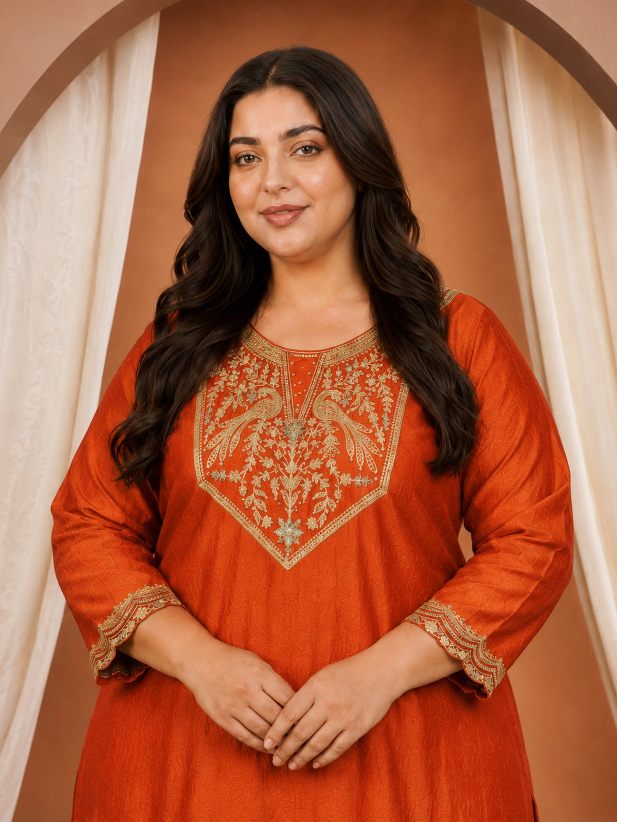 Rust Peacock Embroidered Vichitra Silk Kurta