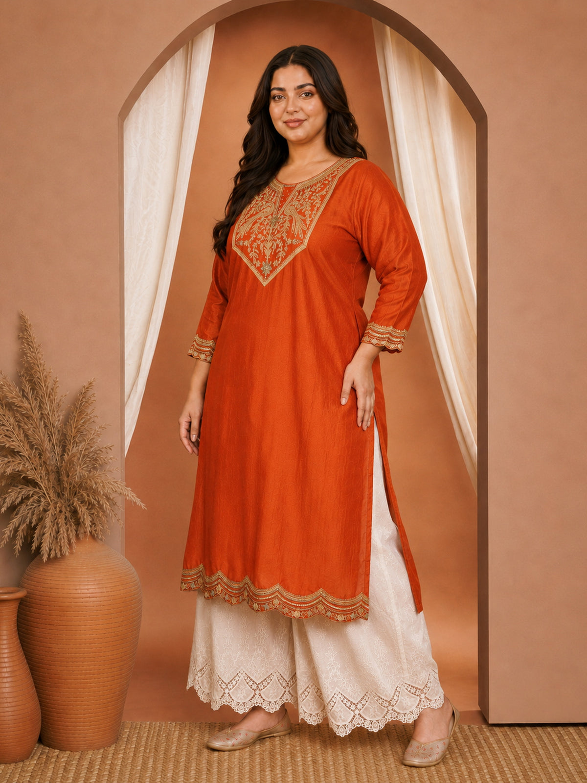 Rust Peacock Embroidered Vichitra Silk Kurta