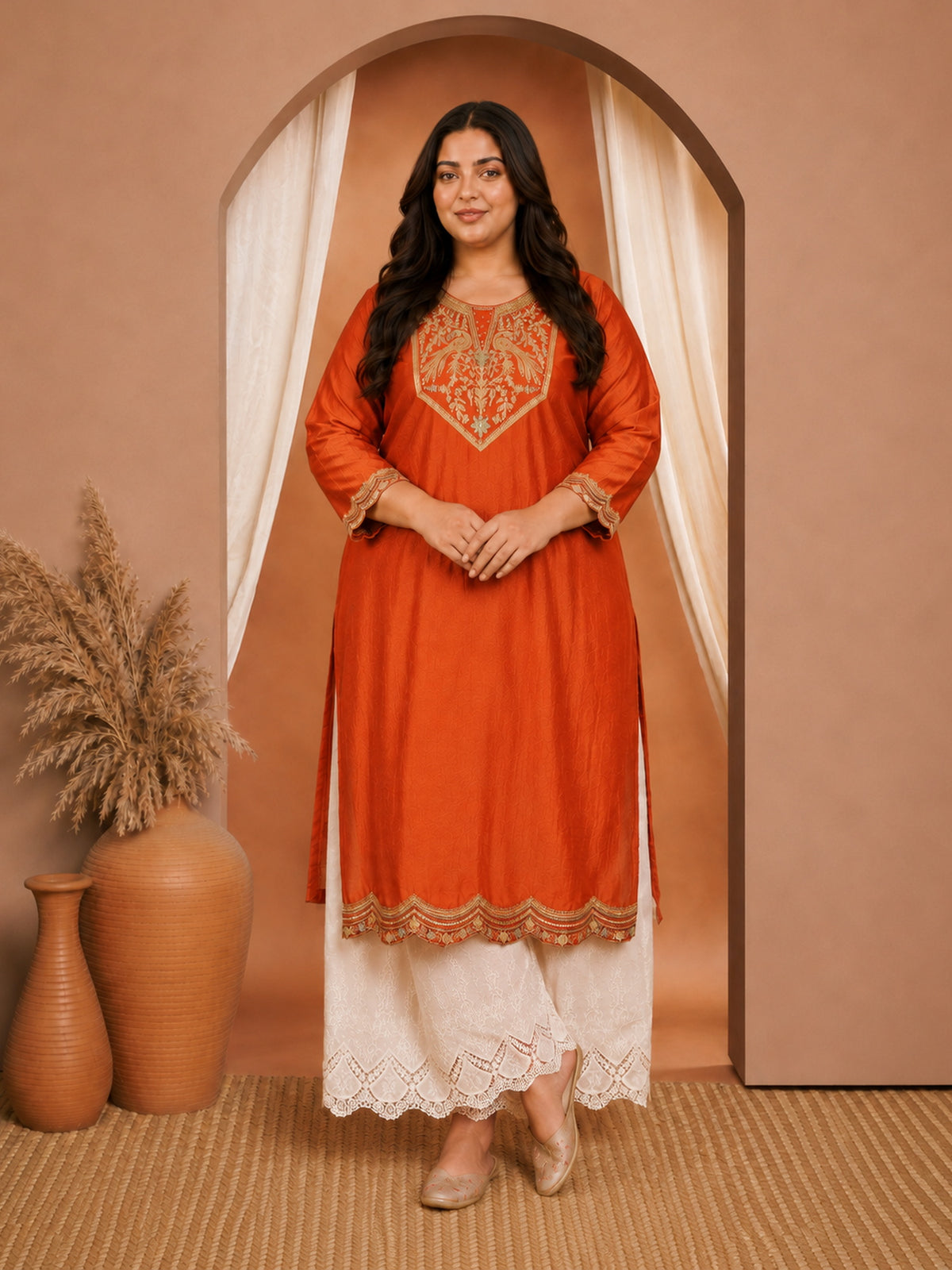 Rust Peacock Embroidered Vichitra Silk Kurta