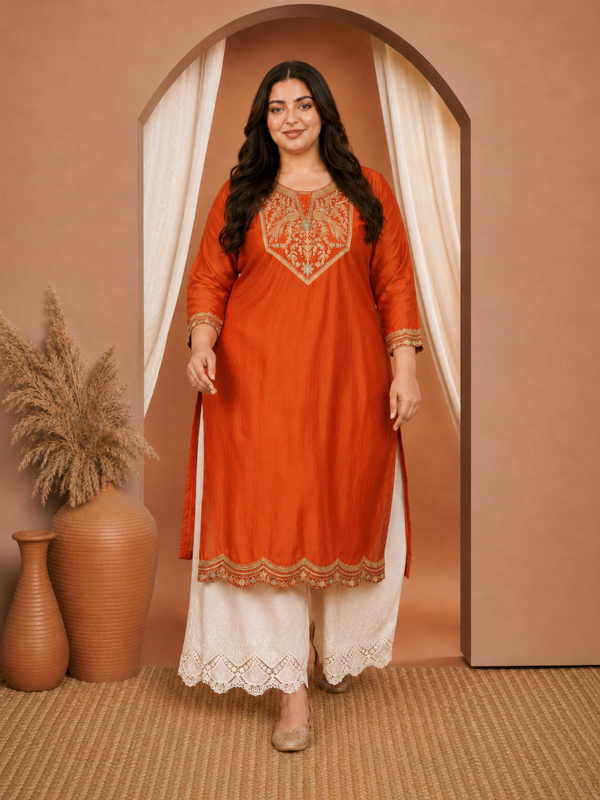 Rust Peacock Embroidered Vichitra Silk Kurta