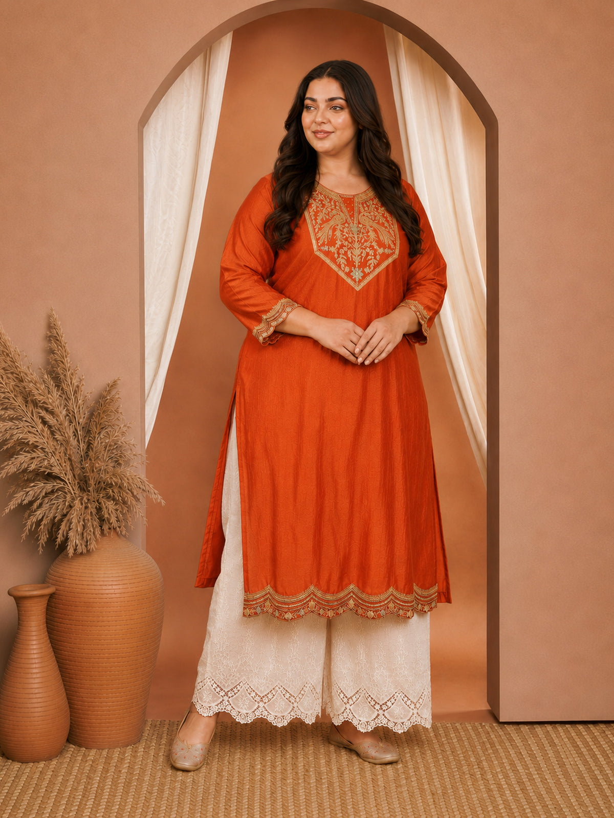 Rust Peacock Embroidered Vichitra Silk Kurta