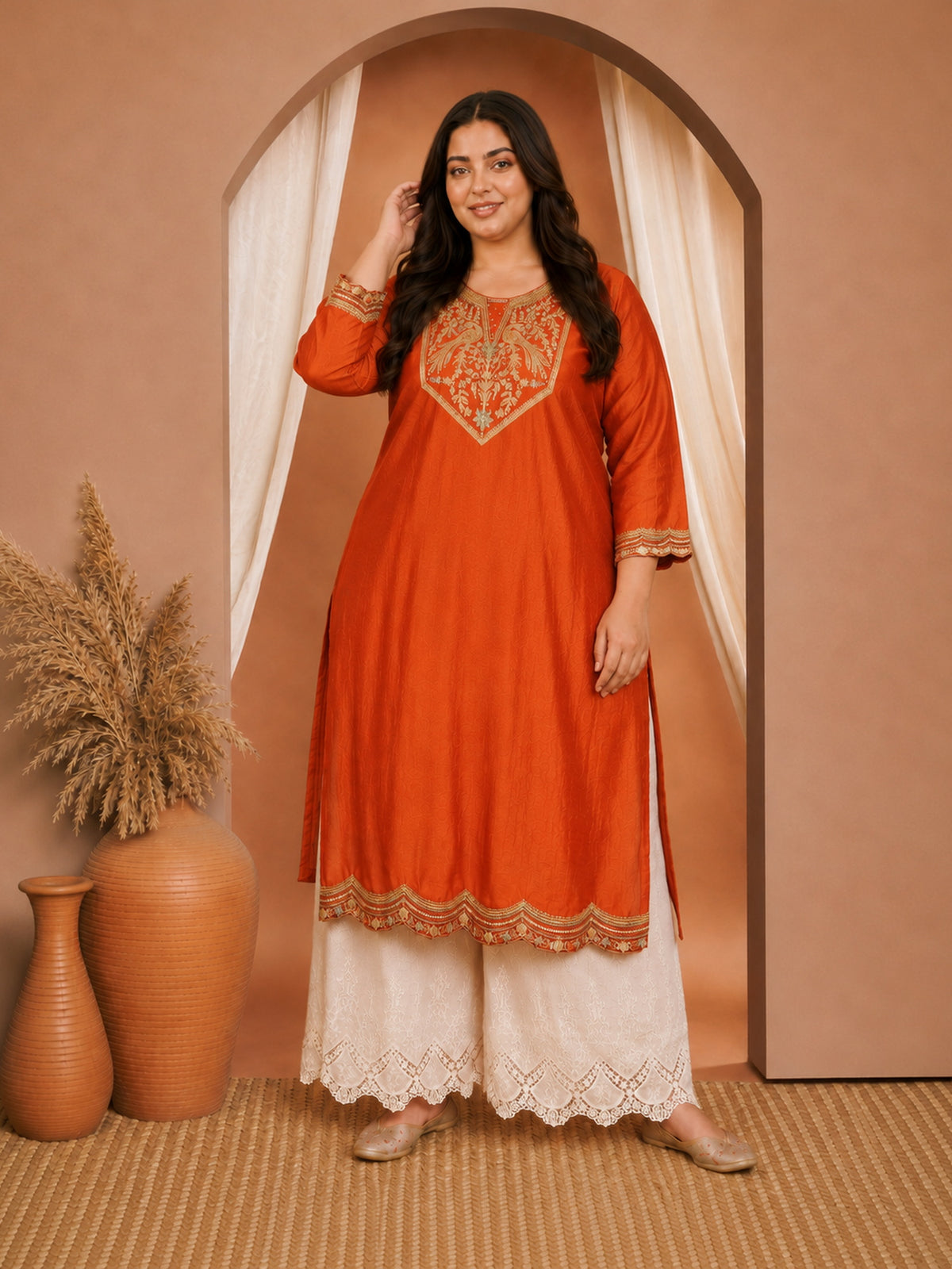 Rust Peacock Embroidered Vichitra Silk Kurta