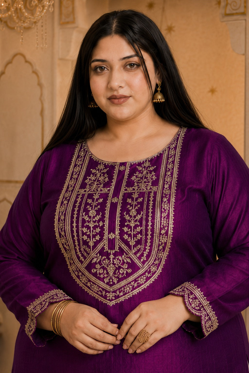 Purple Big-Button Full-Sleeve Vichitra Silk Kurta