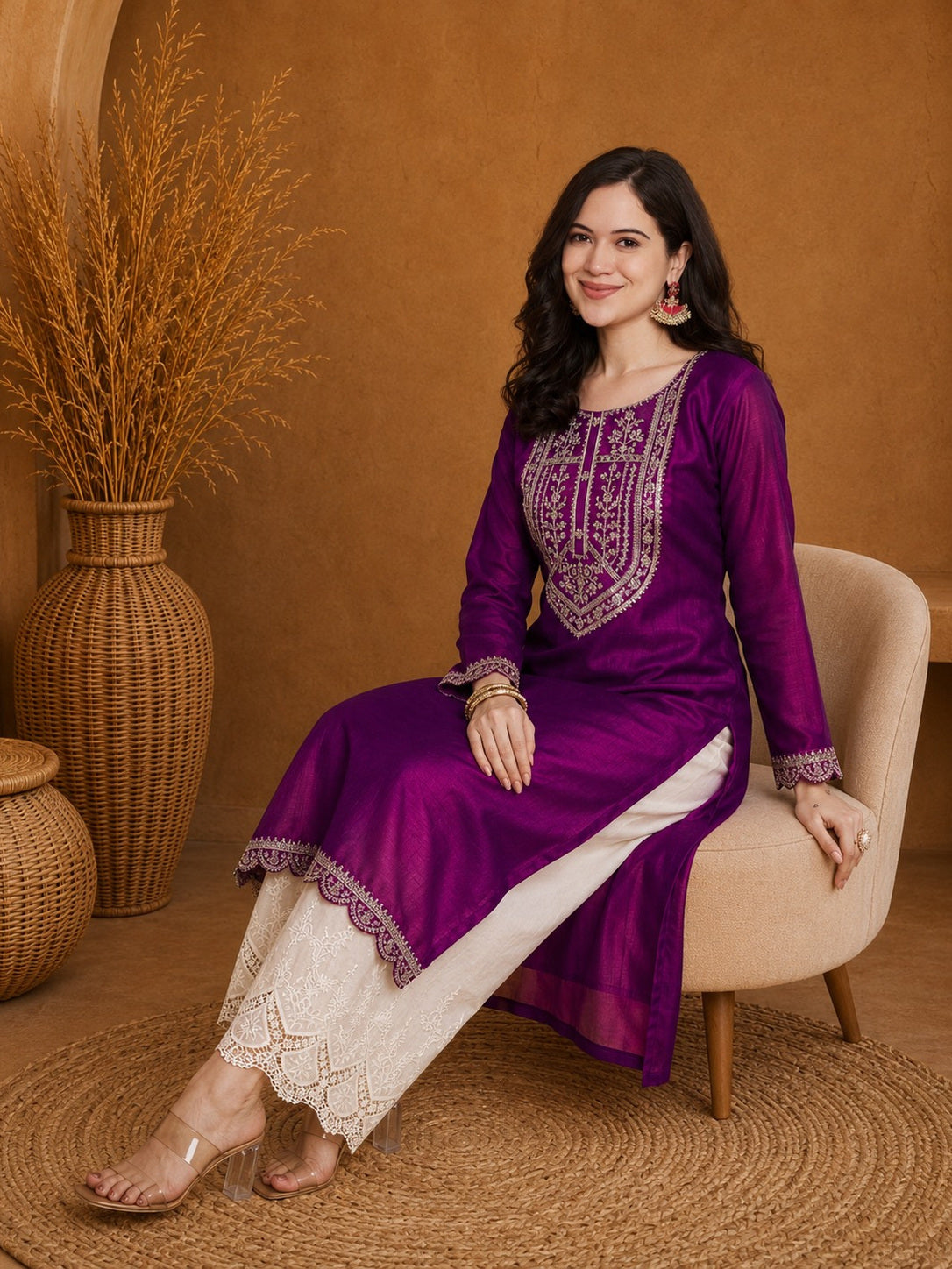 Purple-Yoke Full-Sleeve Vichitra Silk Kurta