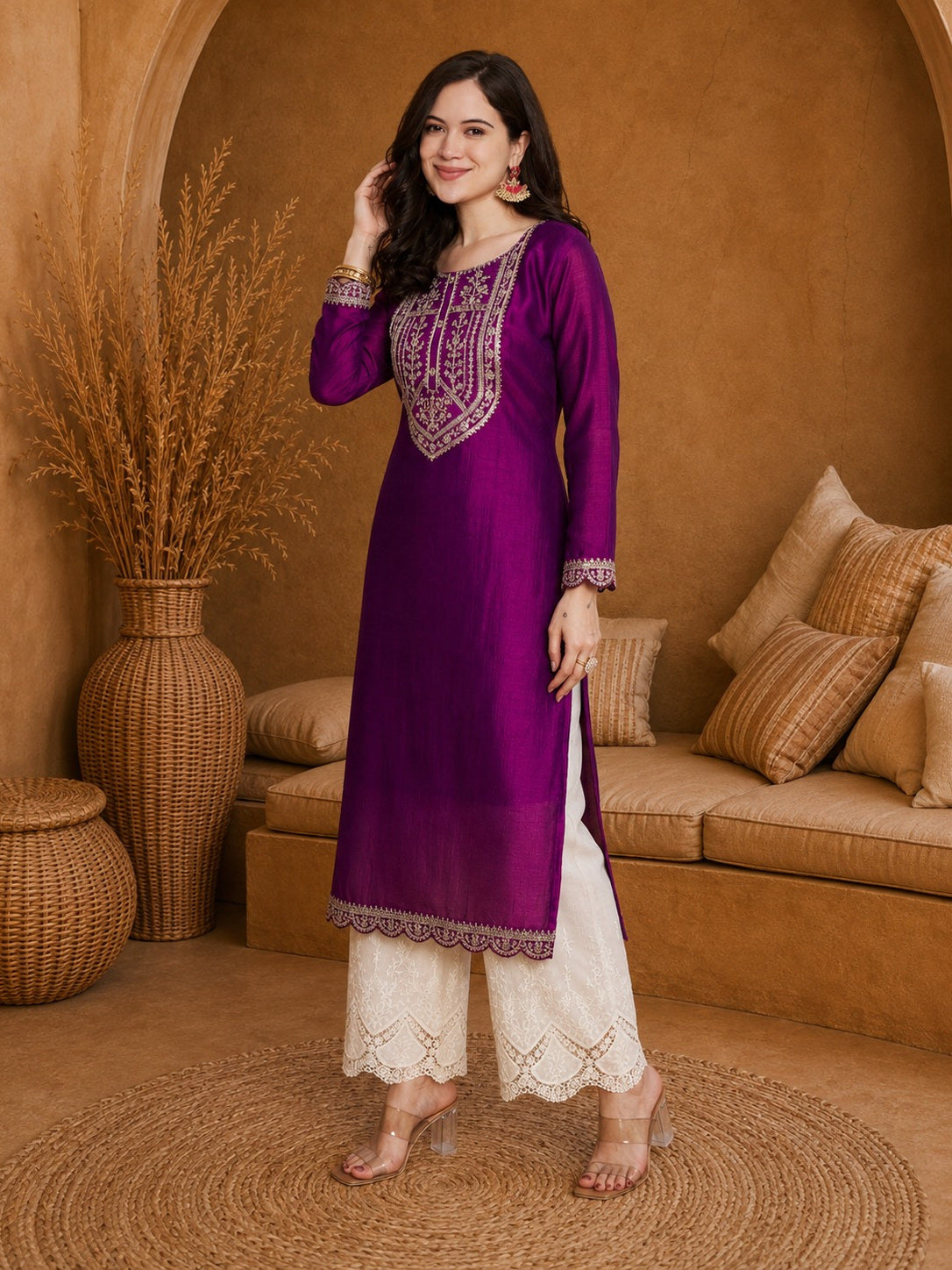 Purple-Yoke Full-Sleeve Vichitra Silk Kurta