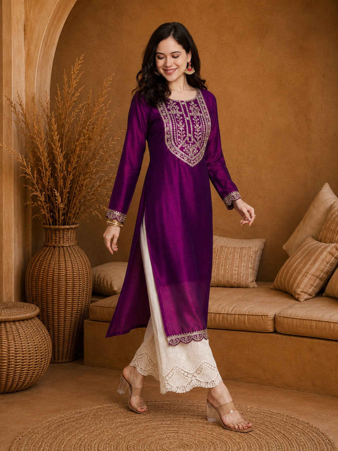 Purple-Yoke Full-Sleeve Vichitra Silk Kurta