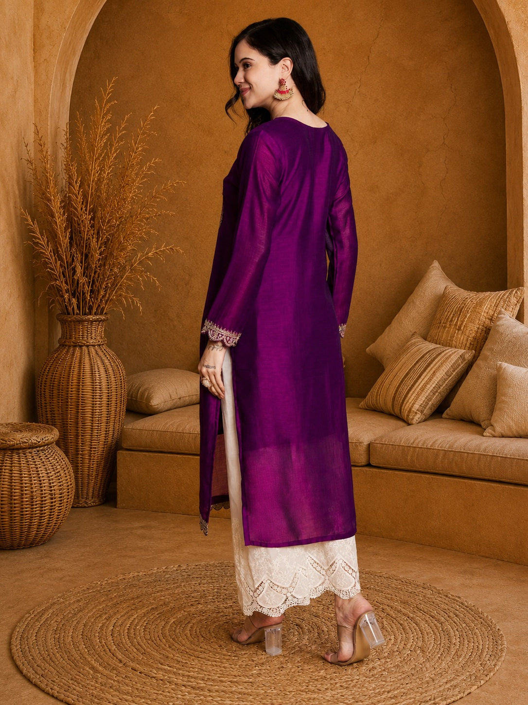 Purple-Yoke Full-Sleeve Vichitra Silk Kurta