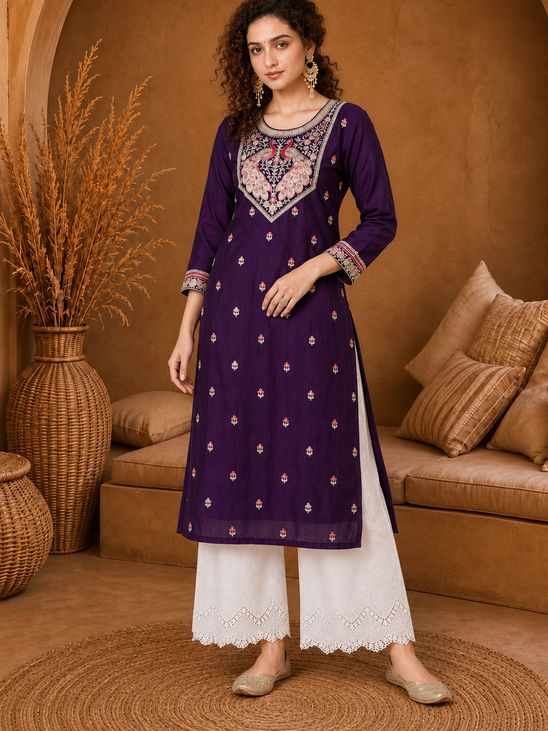 Purple Twin Peacock Zari Embroidered Silk Kurta