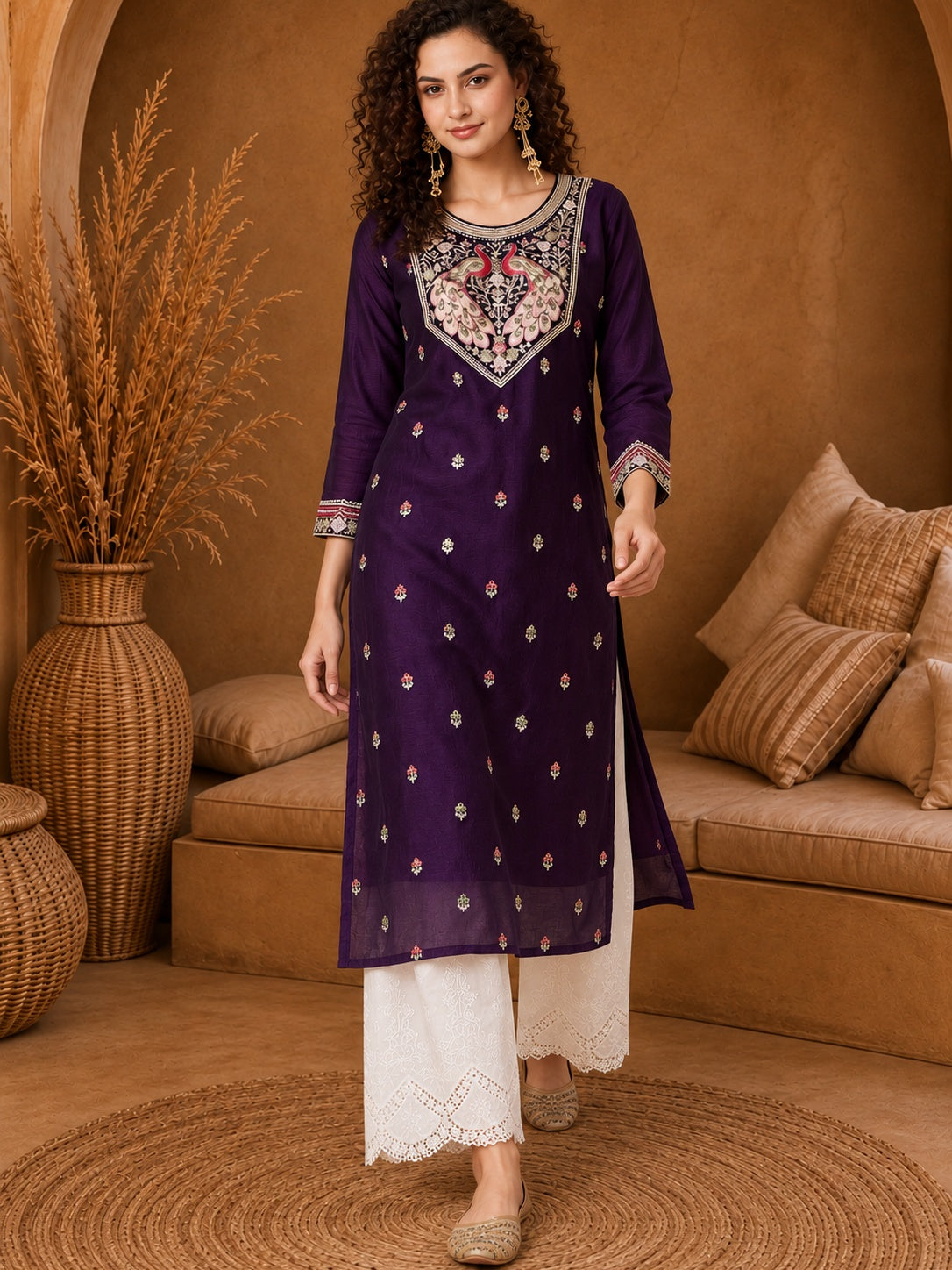 Purple Twin Peacock Zari Embroidered Silk Kurta