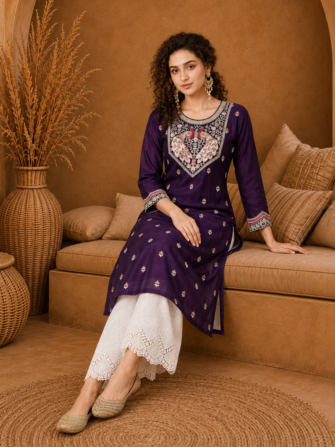 Purple Twin Peacock Zari Embroidered Silk Kurta