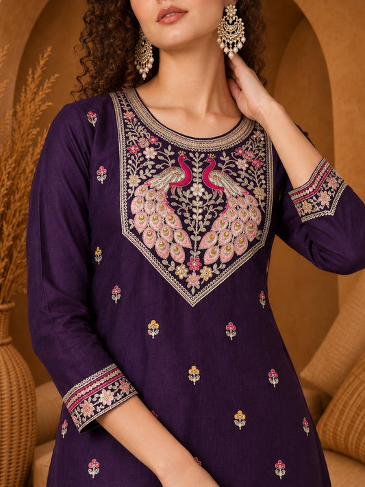 Purple Twin Peacock Zari Embroidered Silk Kurta