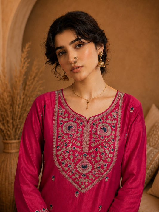Rani Pink Heritage Zari Yoke Silk Kurta