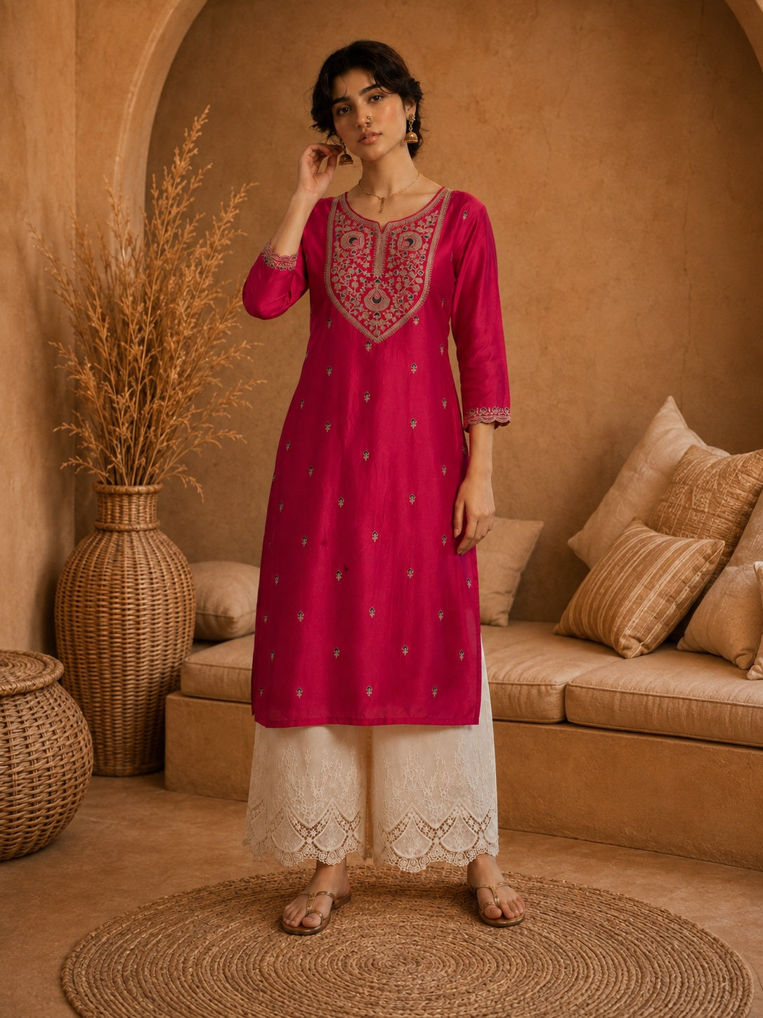 Rani Pink Heritage Zari Yoke Silk Kurta