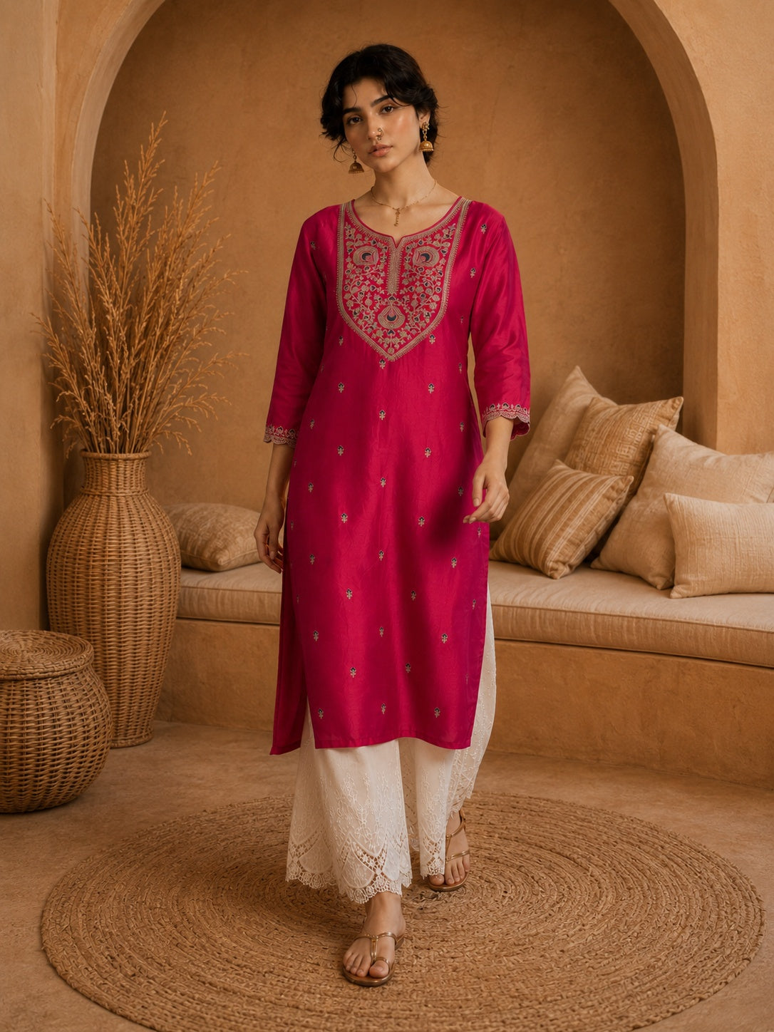 Rani Pink Heritage Zari Yoke Silk Kurta