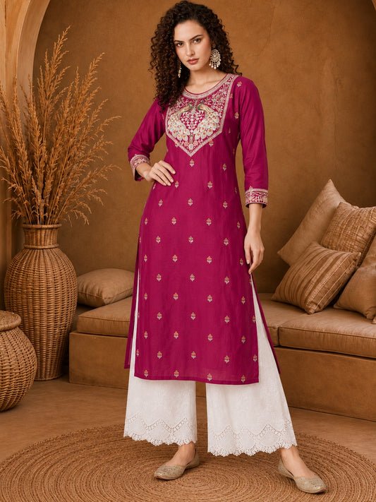 Rani Pink Twin Peacock Zari Embroidered Silk Kurta