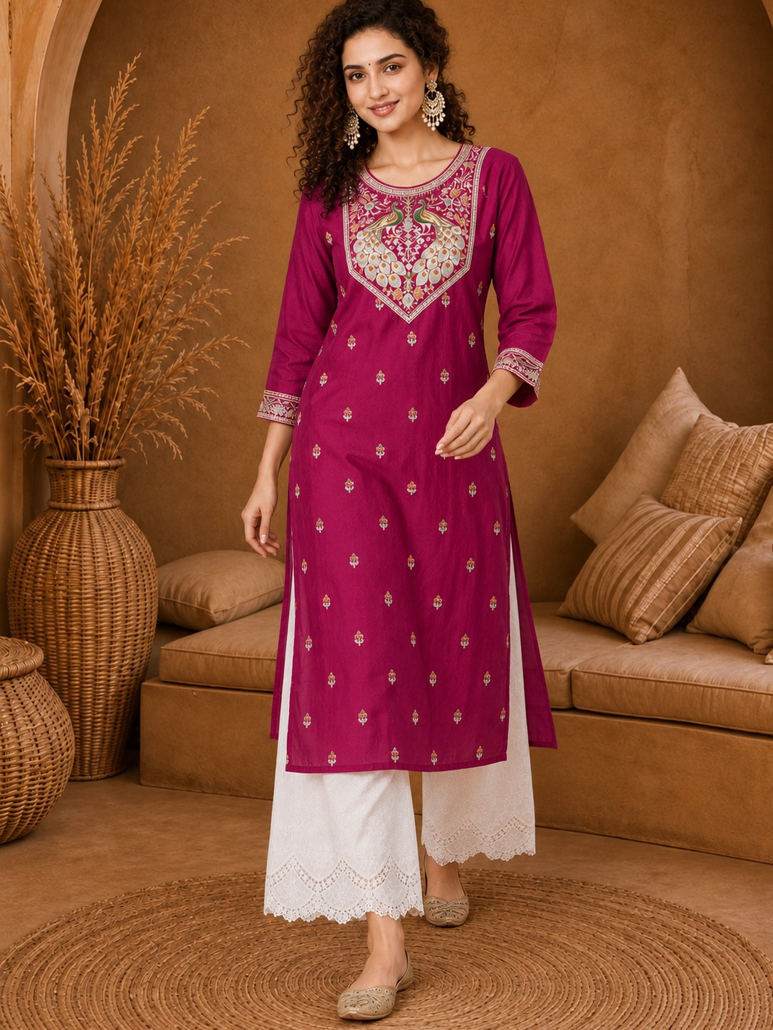Rani Pink Twin Peacock Zari Embroidered Silk Kurta
