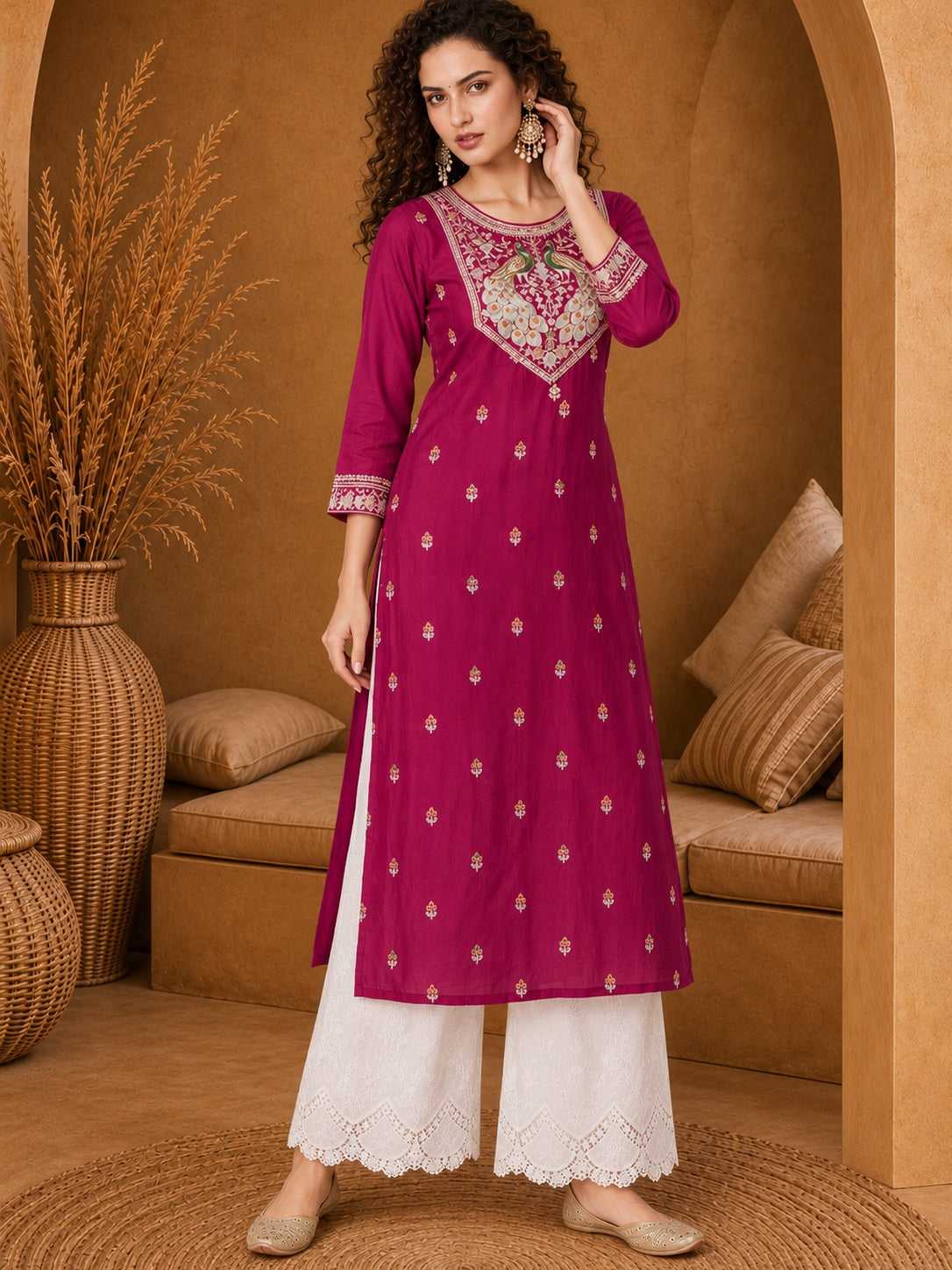 Rani Pink Twin Peacock Zari Embroidered Silk Kurta
