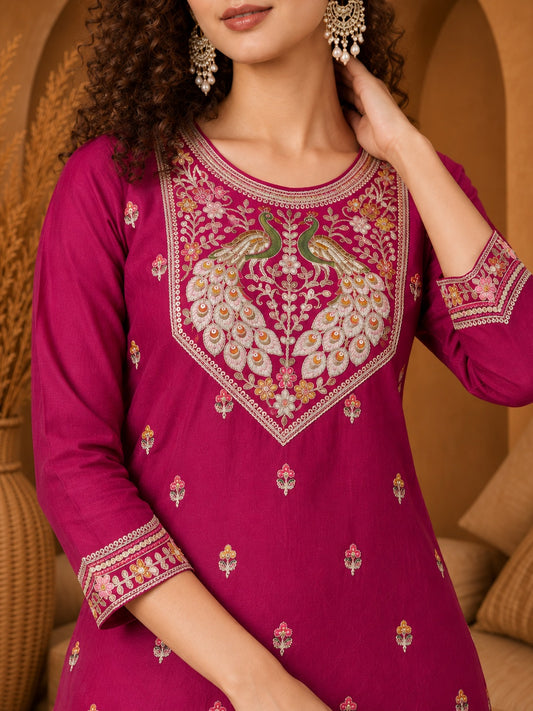 Rani Pink Twin Peacock Zari Embroidered Silk Kurta