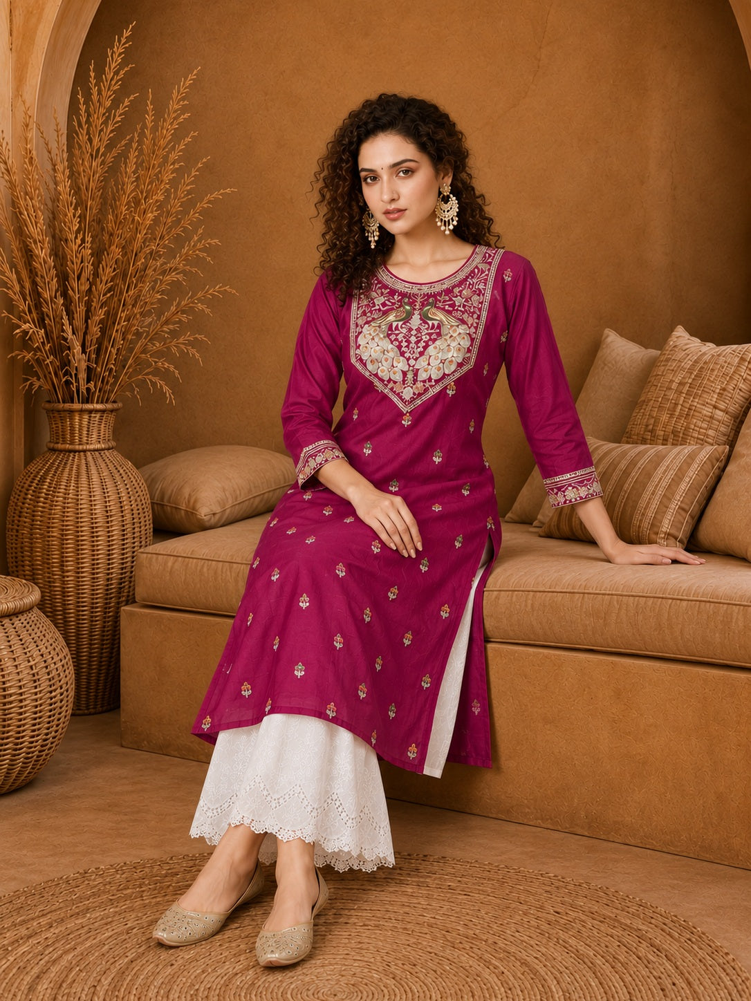 Rani Pink Twin Peacock Zari Embroidered Silk Kurta