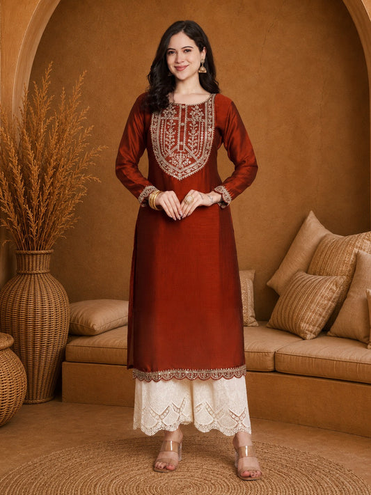 Rust-Yoke Full-Sleeve Vichitra Silk Kurta