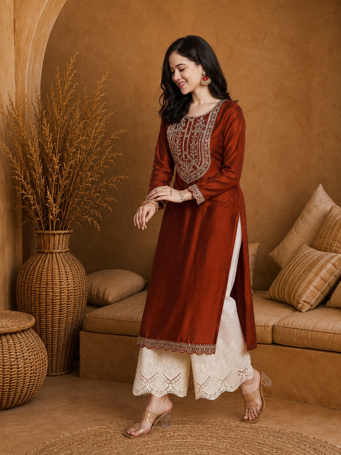 Rust-Yoke Full-Sleeve Vichitra Silk Kurta